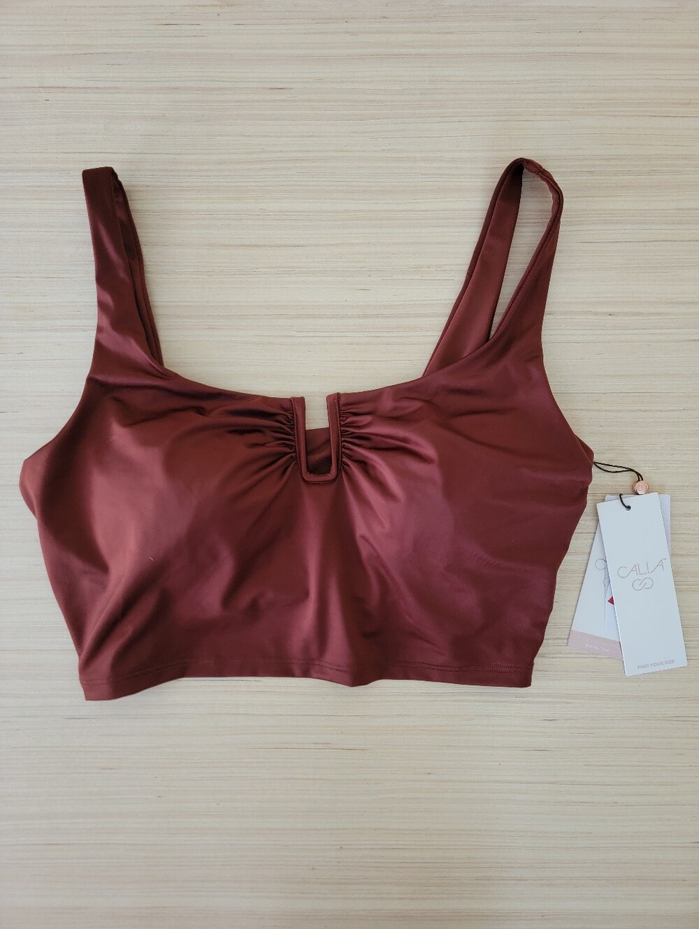 NWT CALIA Womens U-Bar Long Line Bikini Swim Top Red Brown Shine M - Picture 2 of 7